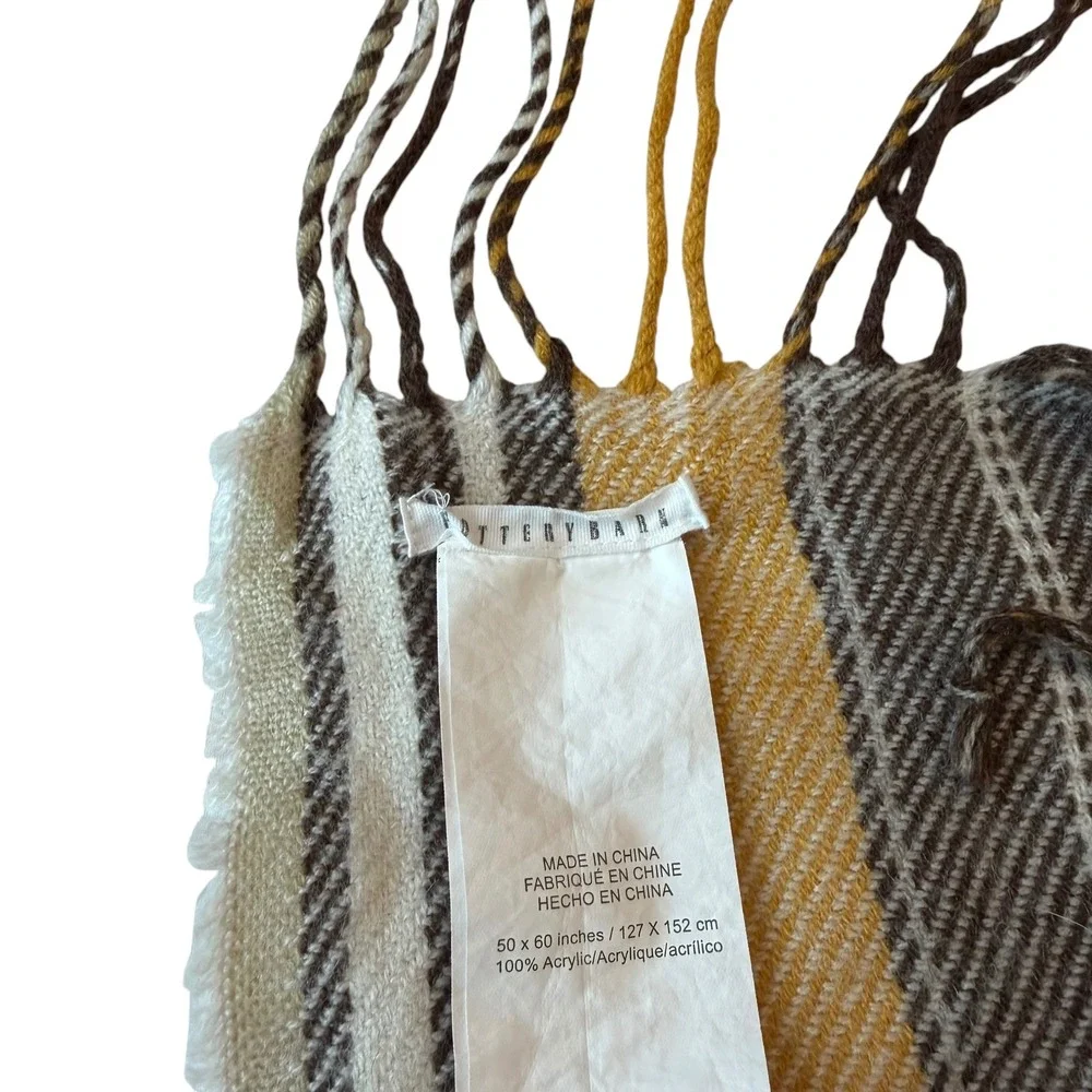 Pottery Barn Plaid Throw Blanket Mustard Yellow Brown Cream Tassel Fringe 50x60